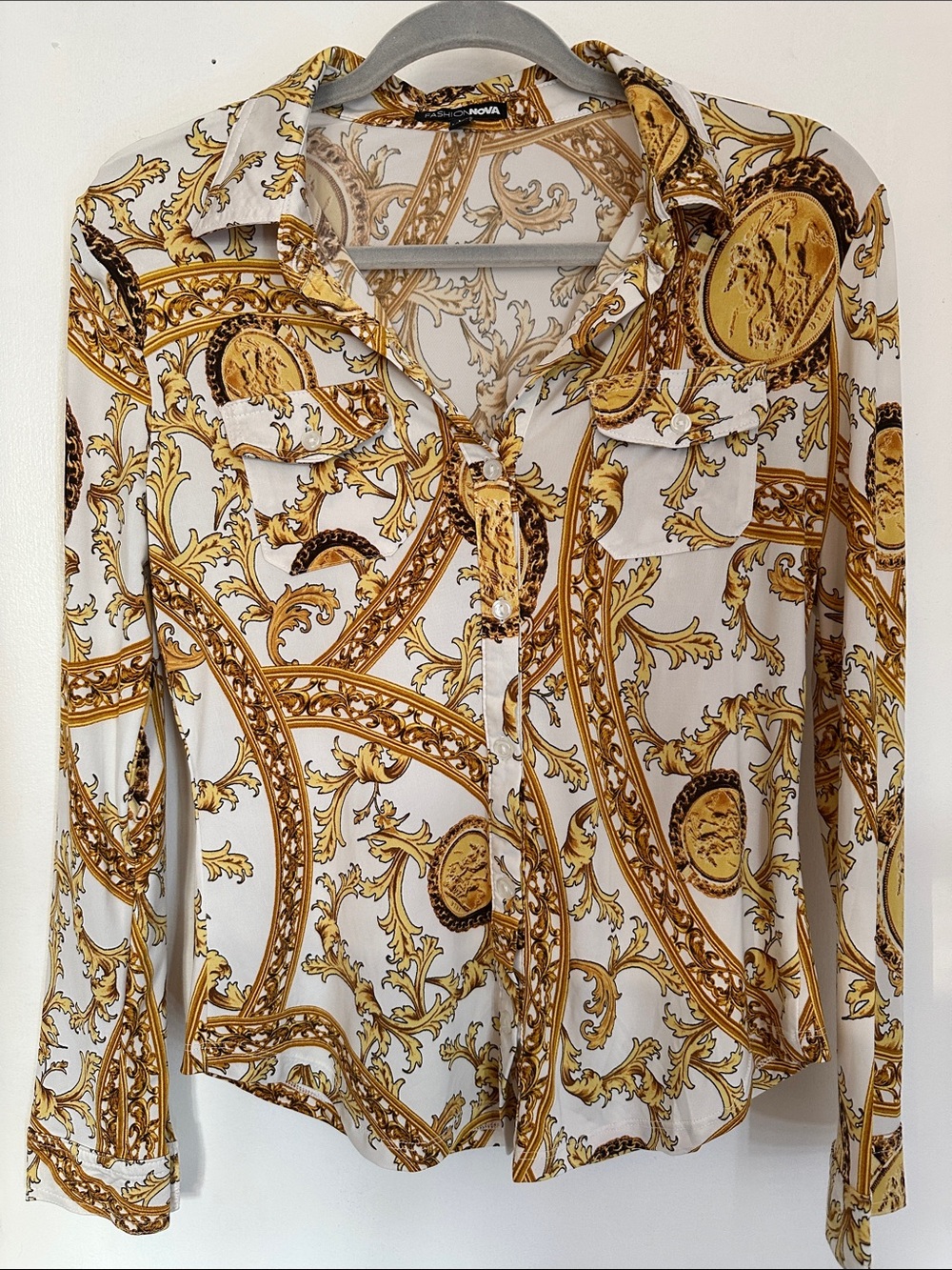 Fashion Nova White & Gold Baroque Button-Down Blouse